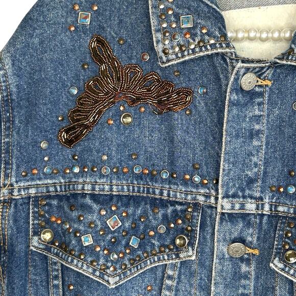 VTG Freego Western Denim Jacket 80s Medium Stud Sequin Embellished Oversized - Picture 5 of 13